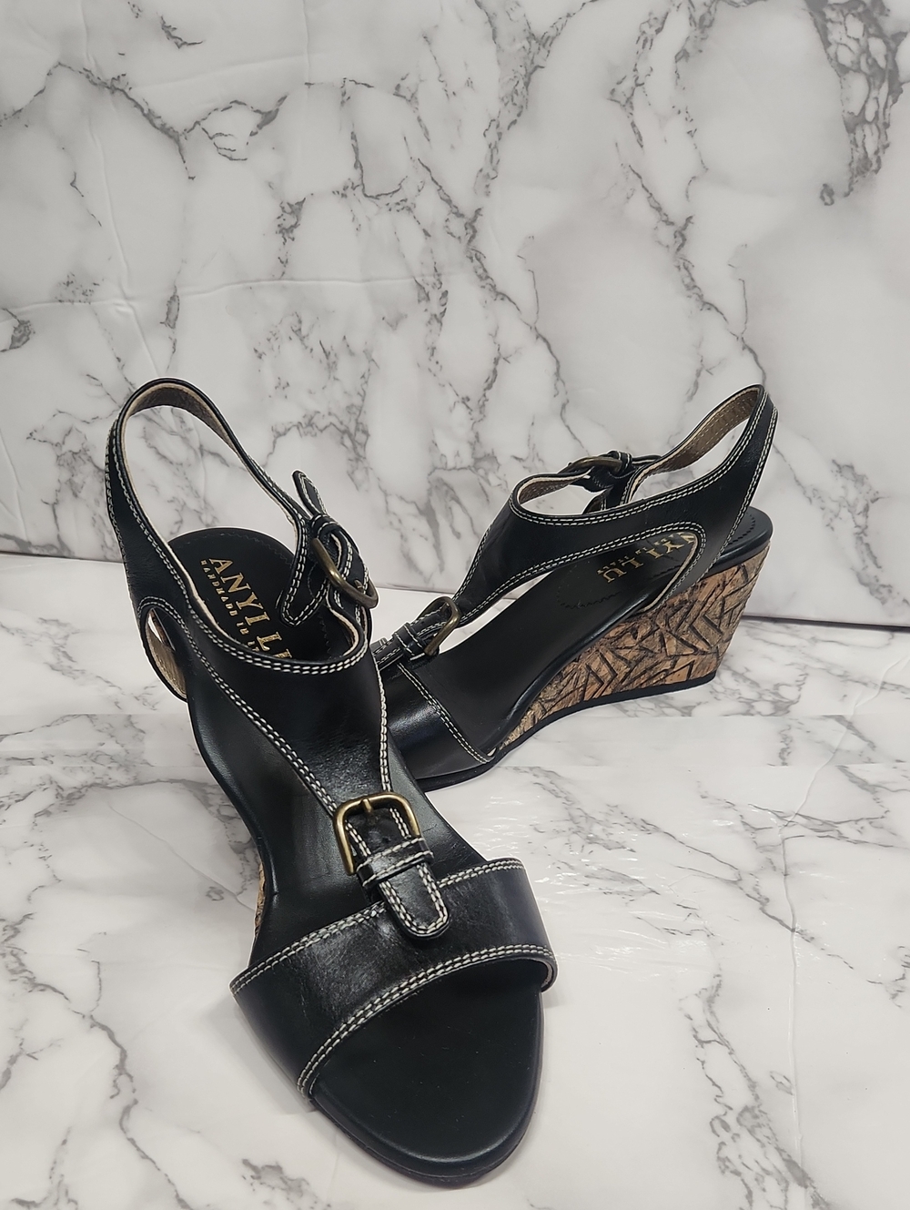 Anyi Lu Black Leather 2 3/4in. Wedge Sandals with Cork-Pattern Heel